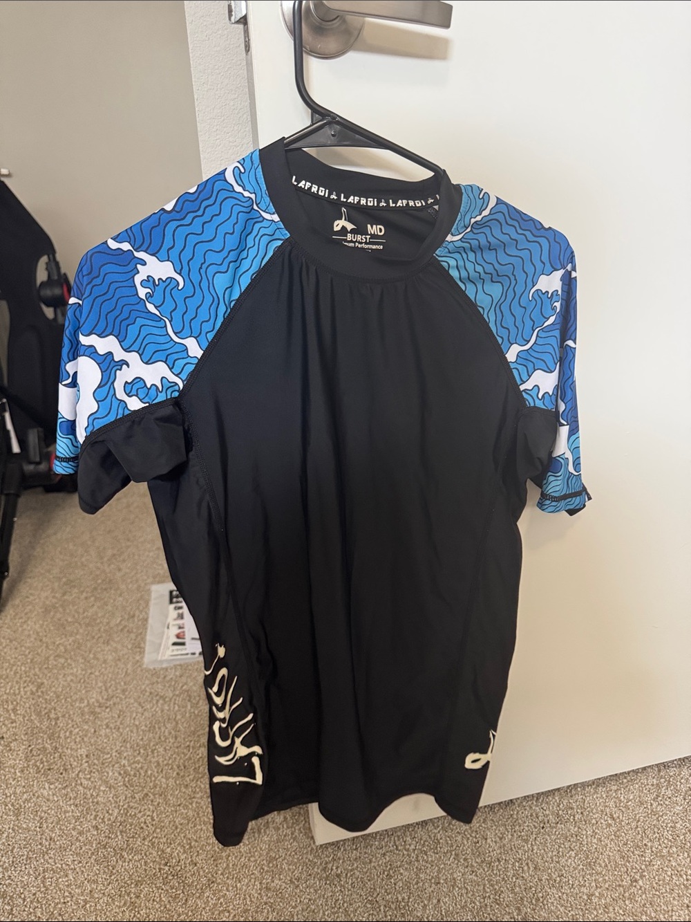 Lafroyal Burst Black Rash Guard with Blue Wave Sleeves